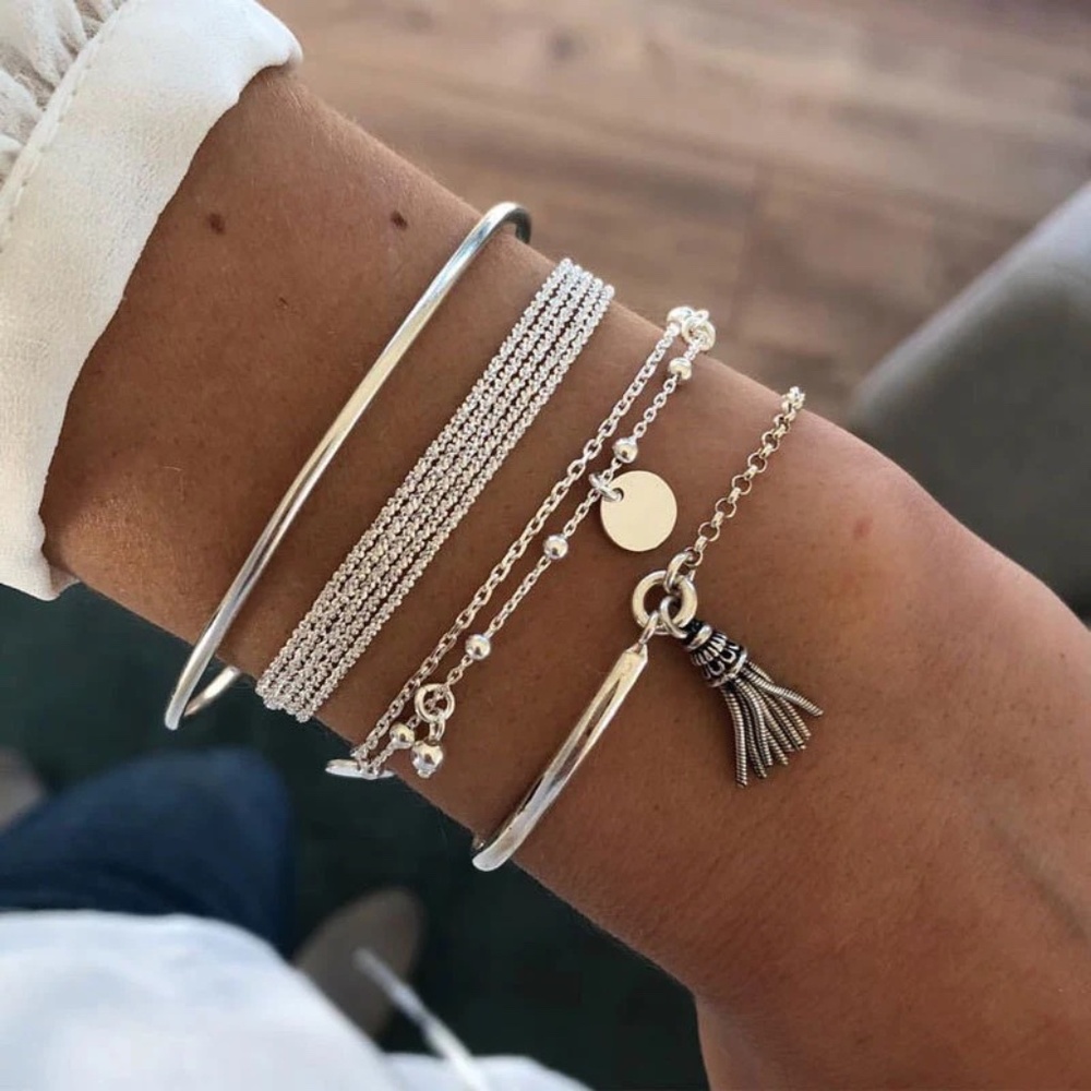 Silver Tassel Bracelet Set, Cuff Bangle, Satellite Disc Bracelet, Multi …